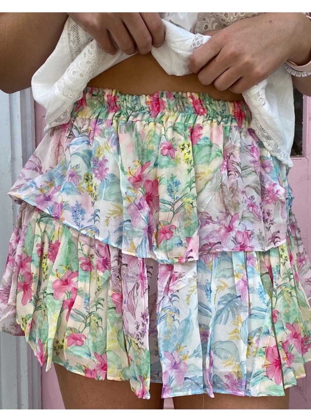 LoveShackFancy Pastel Floral Tiered Ruffle Mini Skirt - Pink Green Blue
